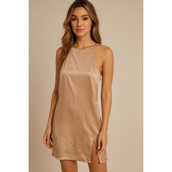 Abercrombie & Fitch High-Neck Strappy Satin Mini Dress Beige Small Quiet Luxury - Picture 1 of 7